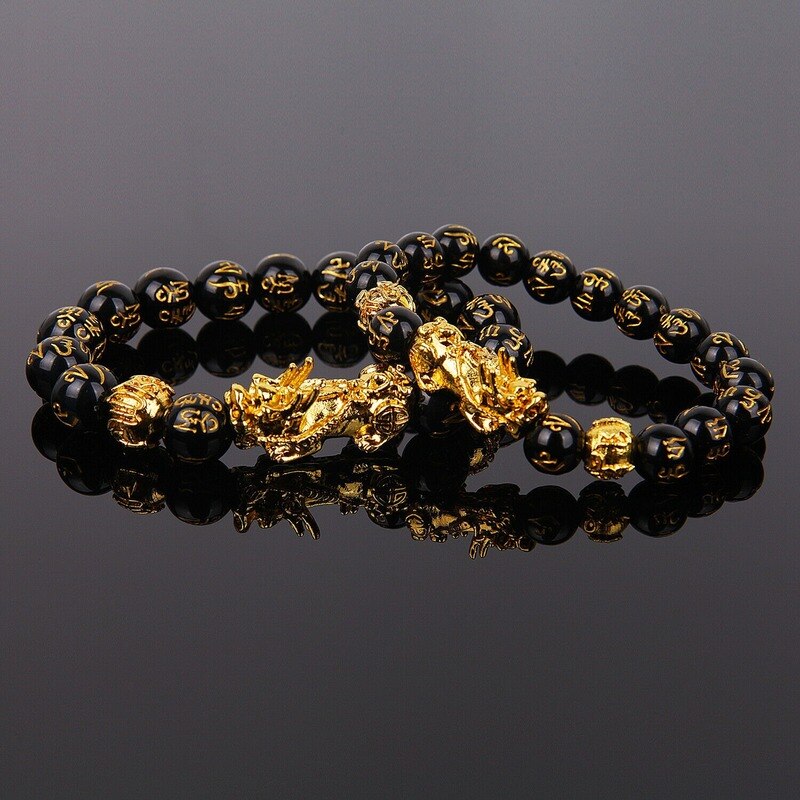 Feng Shui Black Beads Alloy Wealth Bracelet With Golden Pixiu Charm