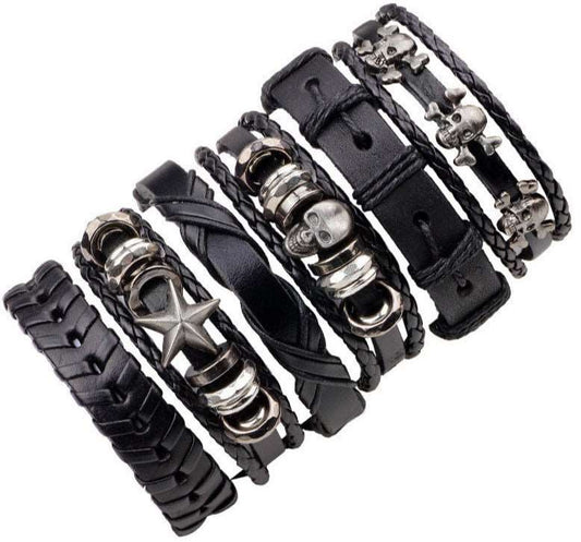 6pcs Black Wristband Genuine Leather Bracelet Set Default Title - iRelax® Australia