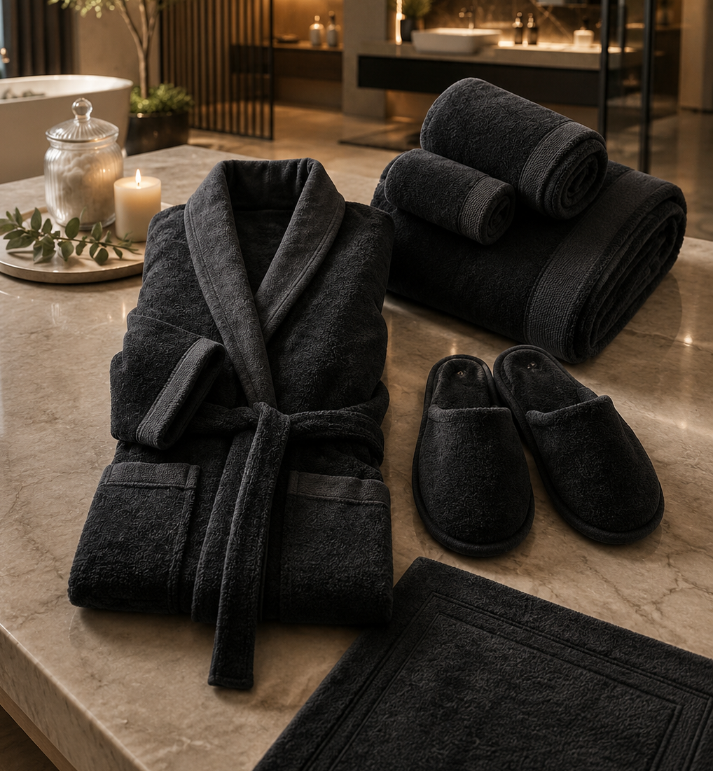 A luxury set of dark charcoal gray bath towels and slippers arranged on a polished marble bathroom counter, with a matching bath mat in the foreground and a softly blurred modern bathroom interior in the background.