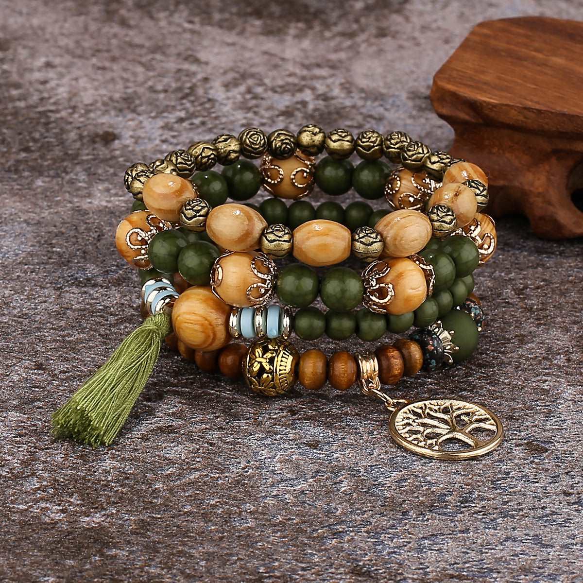 Boho Multilayer Wooden Beaded Stretch Bracelet Army Green B0010-5 - iRelax® Australia