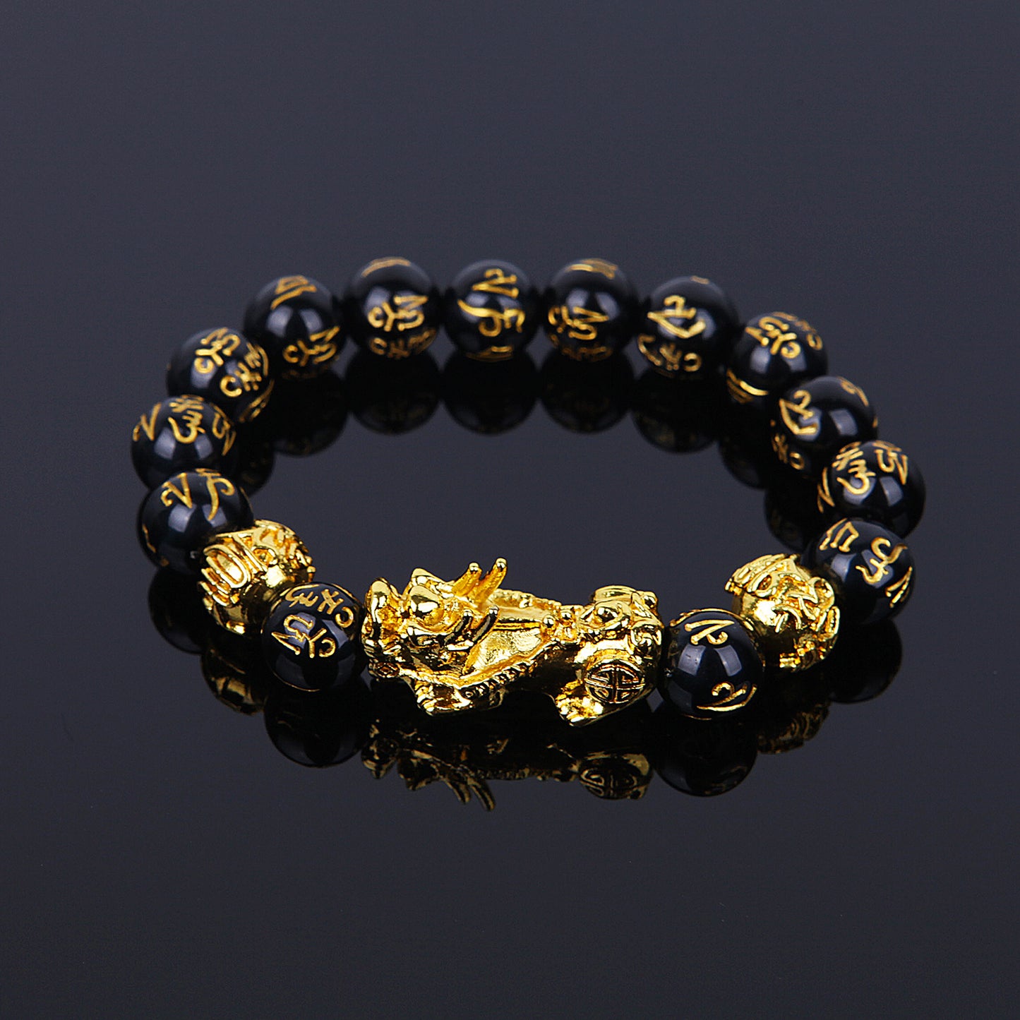 Feng Shui Black Beads Alloy Wealth Bracelet With Golden Pixiu Charm