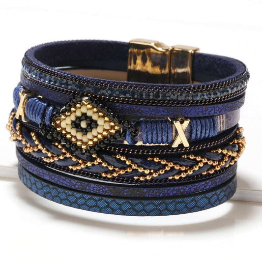 Bohemian Style Eye Bead Hand-Woven Leather Bracelet Blue - iRelax® Australia