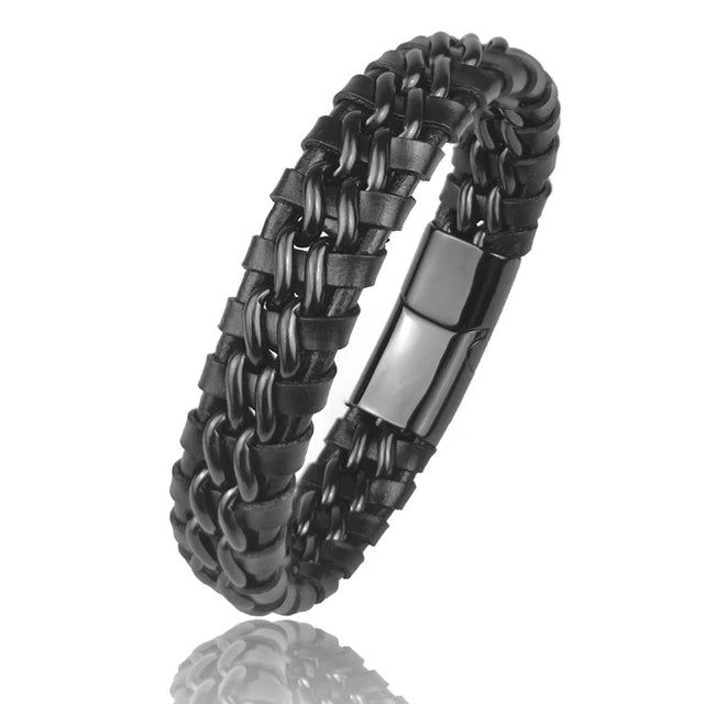 Genuine Leather Chain Magnetic Bracelet with Steel Clasp