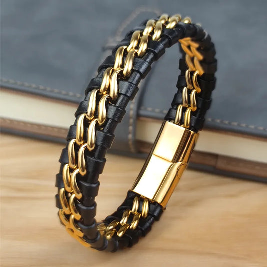 Genuine Leather Chain Magnetic Bracelet with Steel Clasp