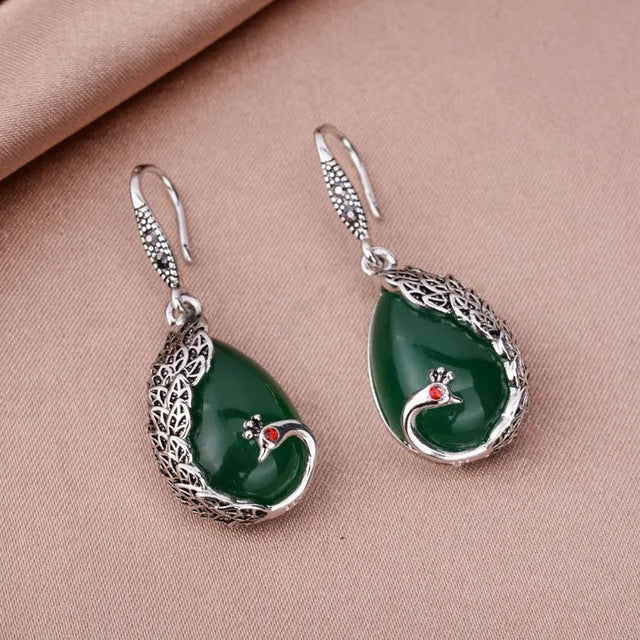 Jade Peacock Shaped Drop Earrings