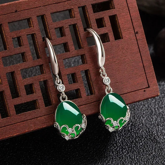 Jade Carved Gemstone Water Droplet Earrings