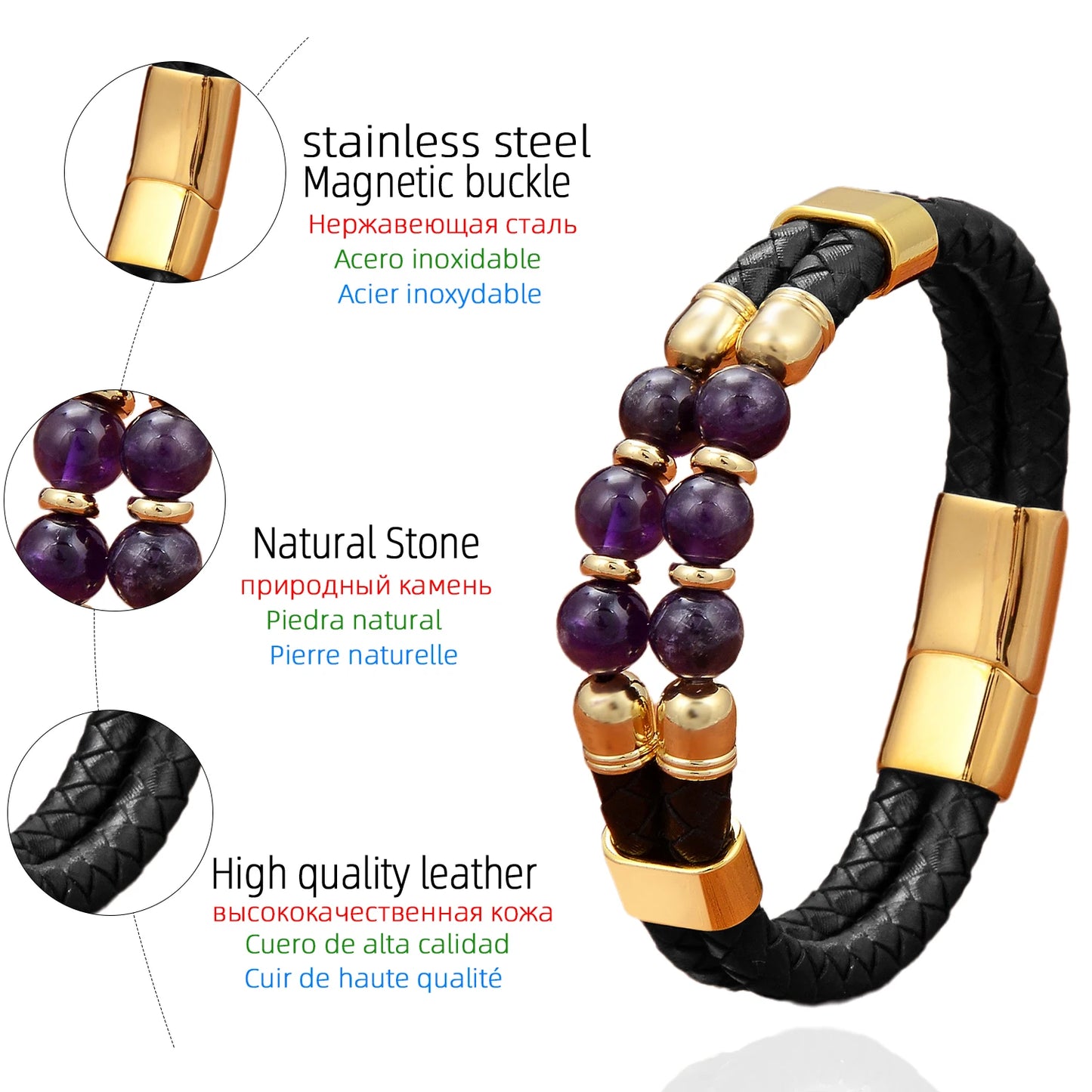 Luxury Natural Stones Double Genuine Leather Bracelet