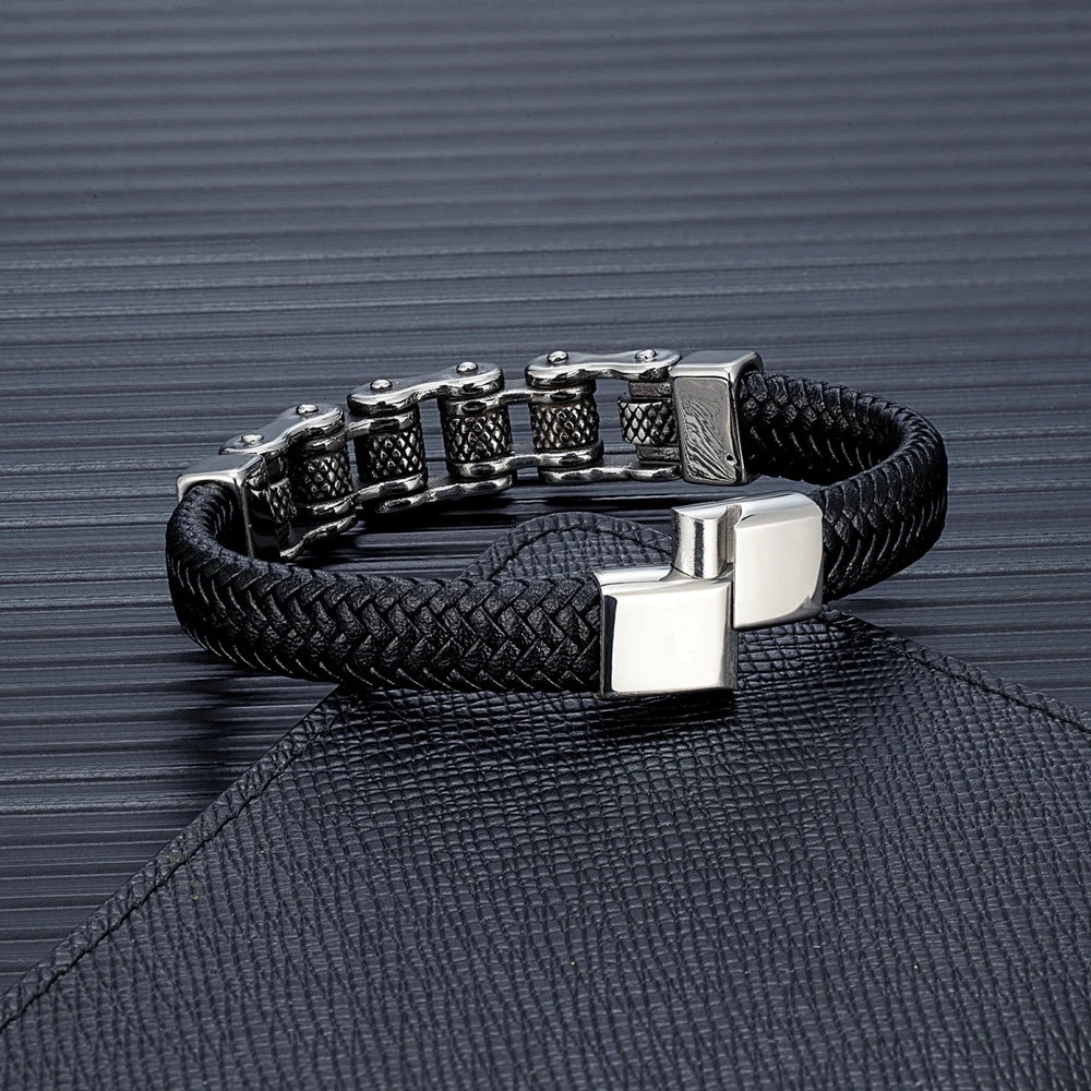 Punk Biker Chain Braided Genuine Leather Bracelet