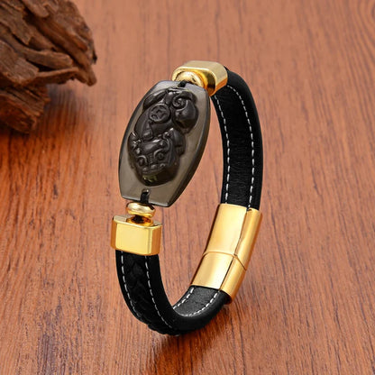 Obsidian Natural Stone Feng Shui Pixiu Bracelet Gold Metal - iRelax® Australia