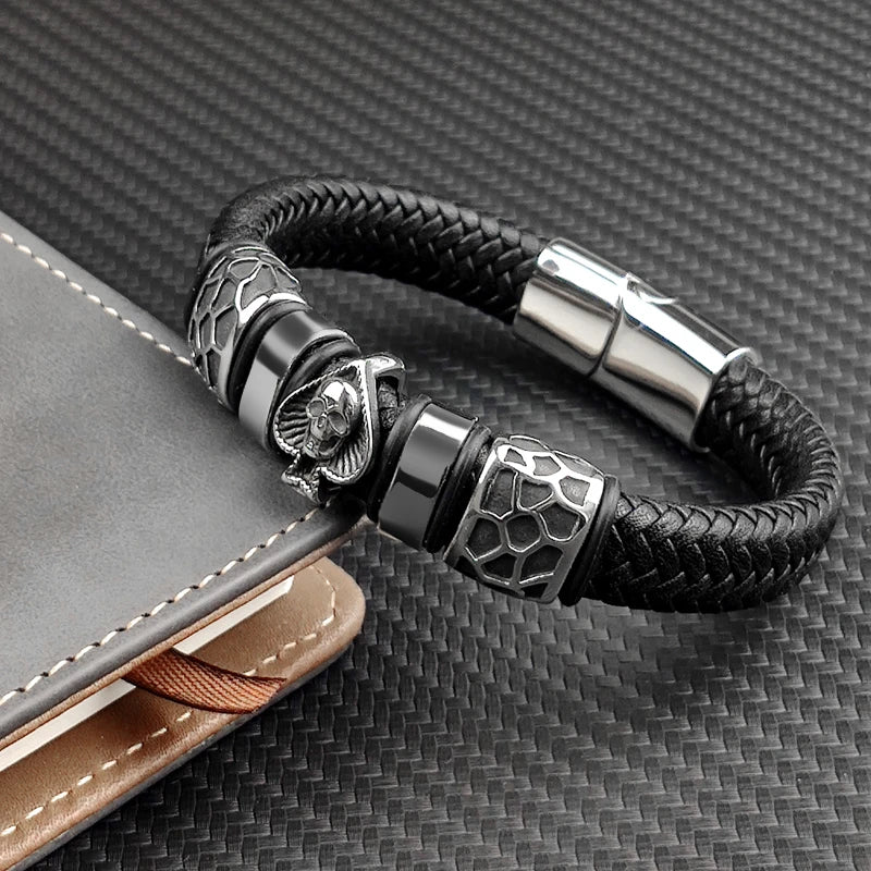 Braided Leather 316L Stainless Steel Charm Spades Skull Bracelet