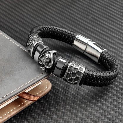 Braided Leather 316L Stainless Steel Charm Spades Skull Bracelet
