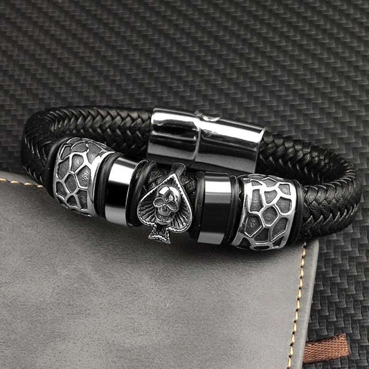 Braided Leather 316L Stainless Steel Charm Spades Skull Bracelet - iRelax® Australia