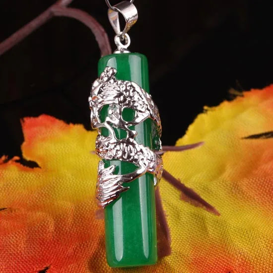 Exotic Cylinder Column Green Jade Inlaid Dragon Pendant