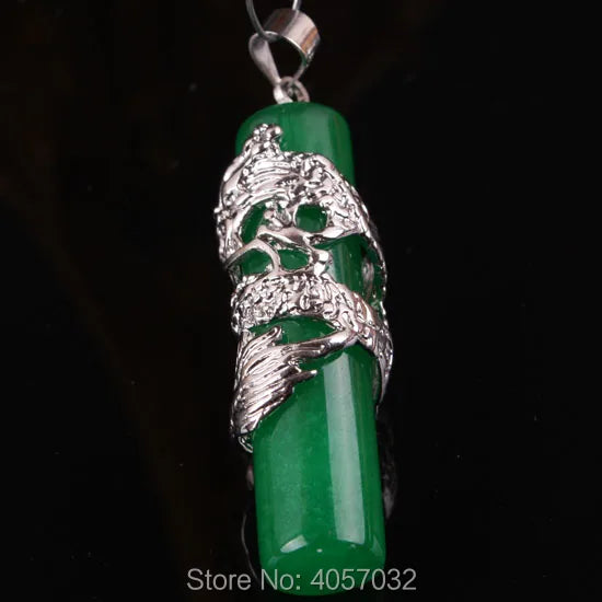 Exotic Cylinder Column Green Jade Inlaid Dragon Pendant