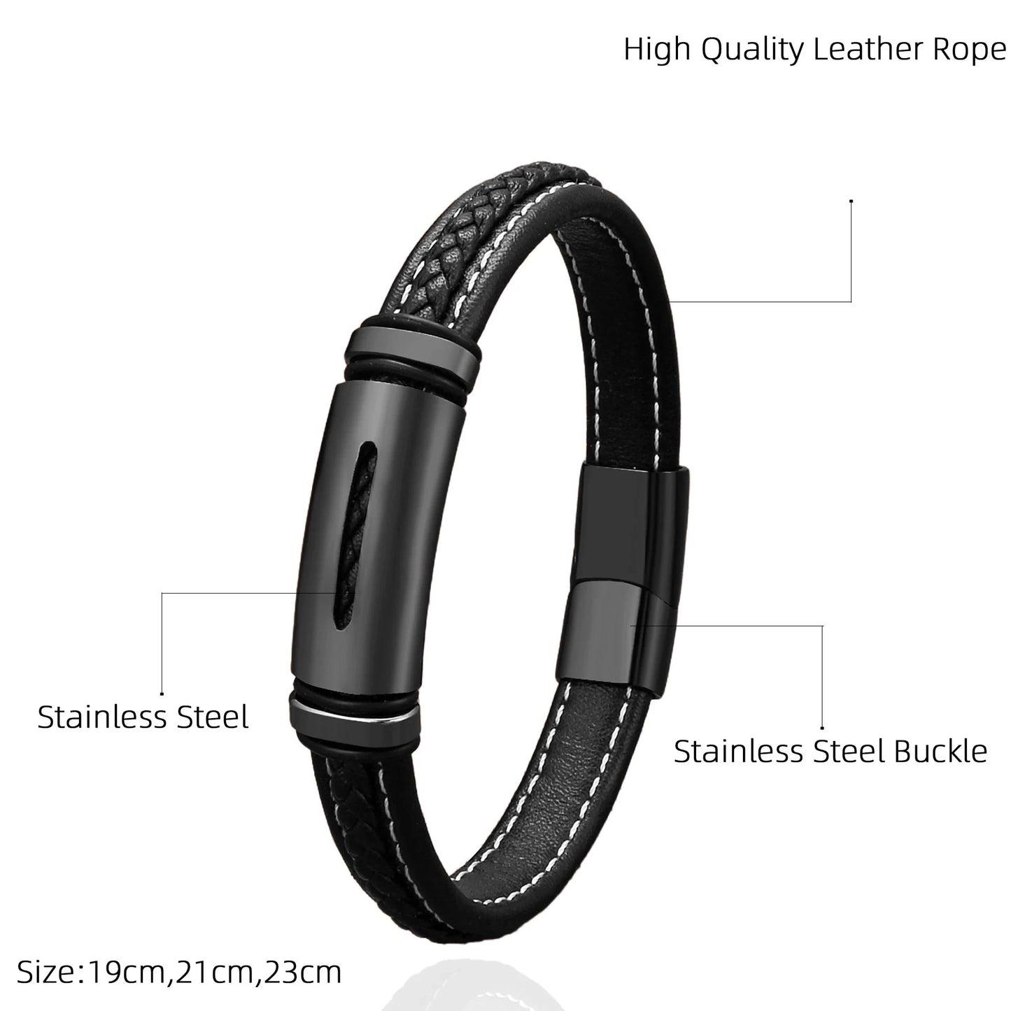 Personality Geometric Stainless Steel Black Weave Leather Bracelet