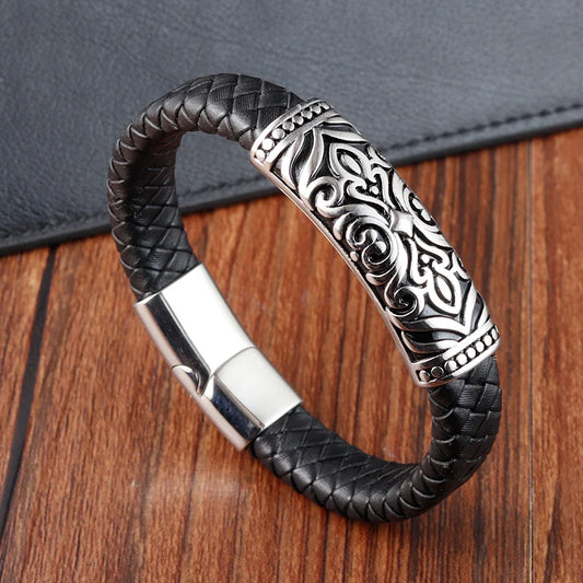 Punk Style Black Leather Special Design Stainless Steel Clasp Bracelet