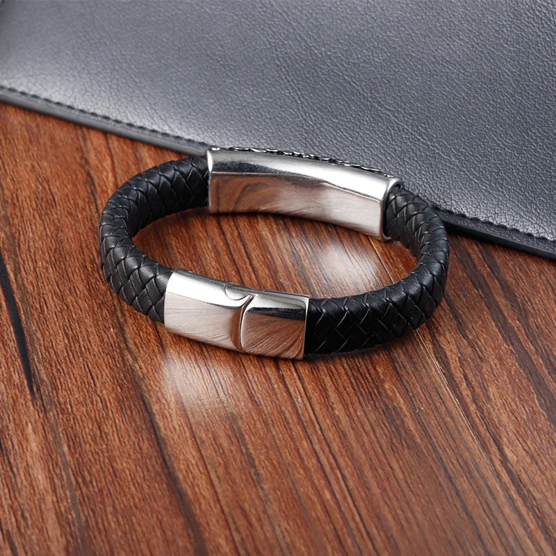 Punk Style Black Leather Special Design Stainless Steel Clasp Bracelet