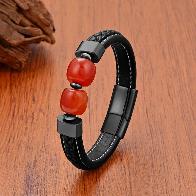 Natural Round Agate Stone Leather Bracelet