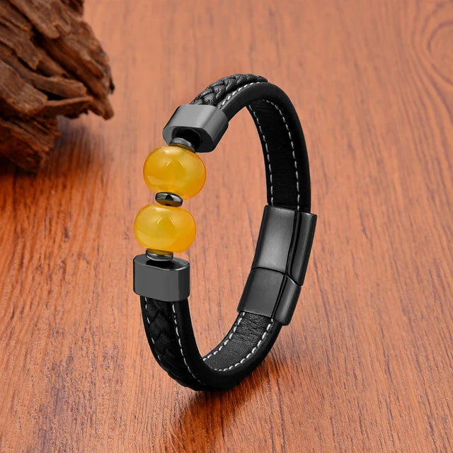 Natural Round Agate Stone Leather Bracelet