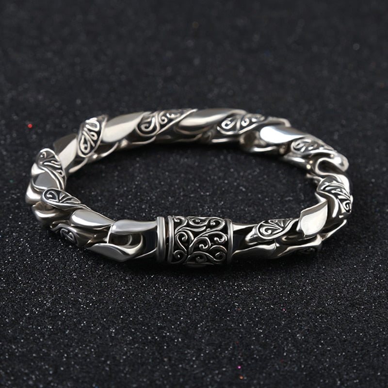 Handmade Vintage Punk High Polished Auspicious Flowers Embossed Silver Bracelet - iRelax® Australia