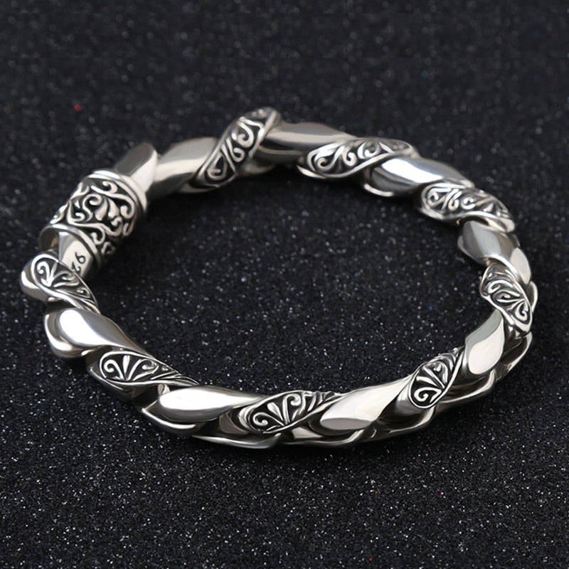 Handmade Vintage Punk High Polished Auspicious Flowers Embossed Silver Bracelet - iRelax® Australia