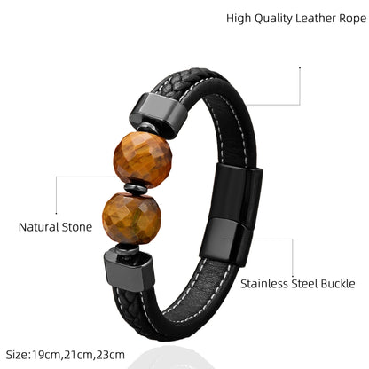 Tiger Eye Natural Stone Leather Bracelet