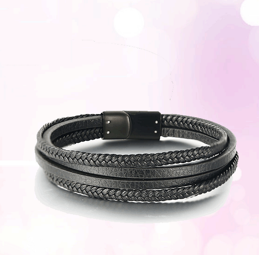 Multilayer Braided Cowhide Premium Leather Stainless Steel Bracelet