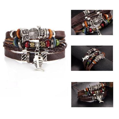 2pcs Tibet Stone Feather Multilayer Leather Bracelet