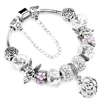 Silver Charms Crystal Flower Beads Bracelet