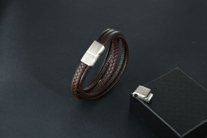 Retro Style Leather Multi-Layer Stainless Steel Buckle Bracelet