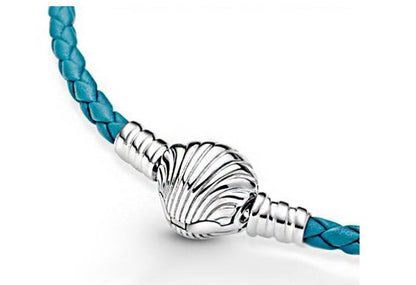 925 Sterling Silver Seashell Clasp Turquoise Braided Leather Bracelet