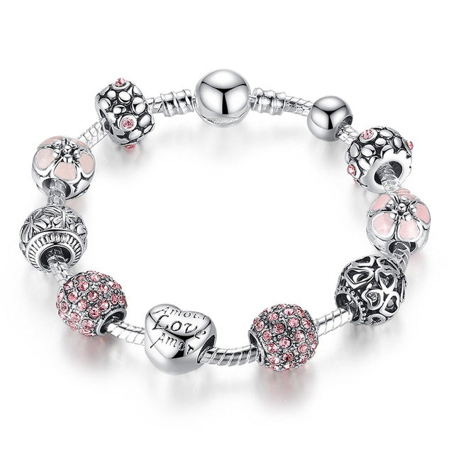Silver Charm Bracelet with Love and Flower Beads