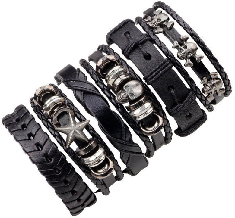 6pcs Black Wristband Genuine Leather Bracelet Set