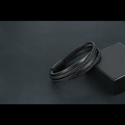 Multilayer Braided Cowhide Premium Leather Stainless Steel Bracelet