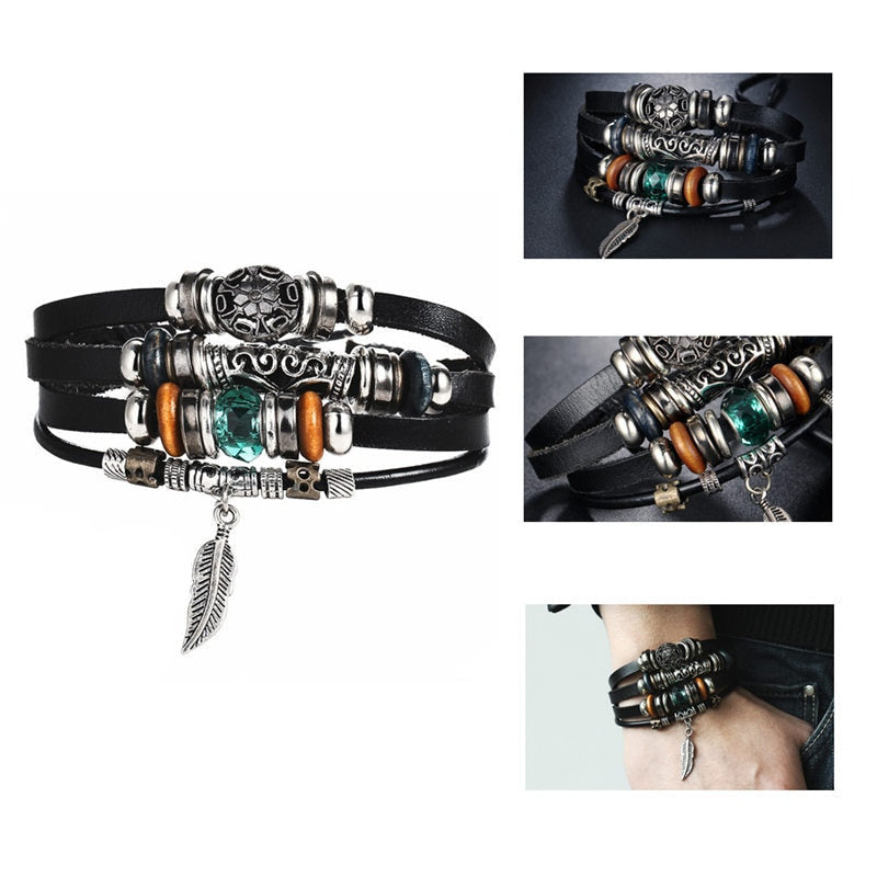 2pcs Tibet Stone Feather Multilayer Leather Bracelet - iRelax® Australia