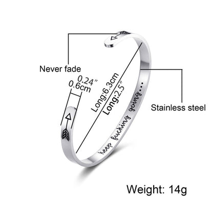 Inspirational Keep Going Cuff Open Bracelet Silver - iRelax® Australia