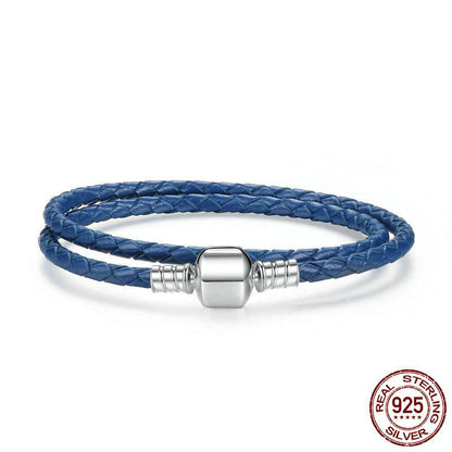Double Braided Leather Bracelets with 925 Sterling Silver Snake Clasp