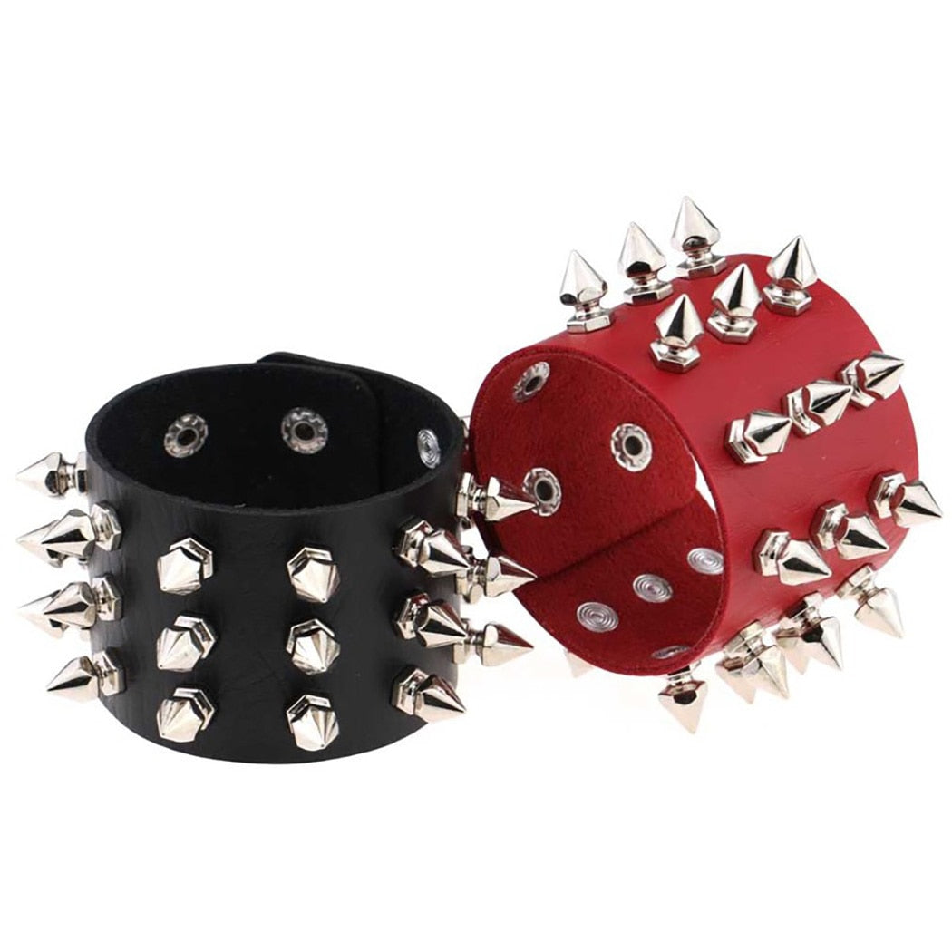 Wide Leather Cuff Bracelet with Spikes Rivet Cone Stud
