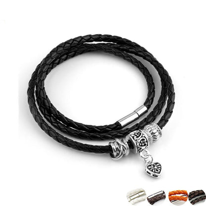 Silver Charm Leather Bracelet with Magnet Clasp