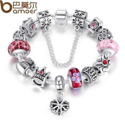 Silver Charms Bracelet & Bangles With Queen Crown Beads