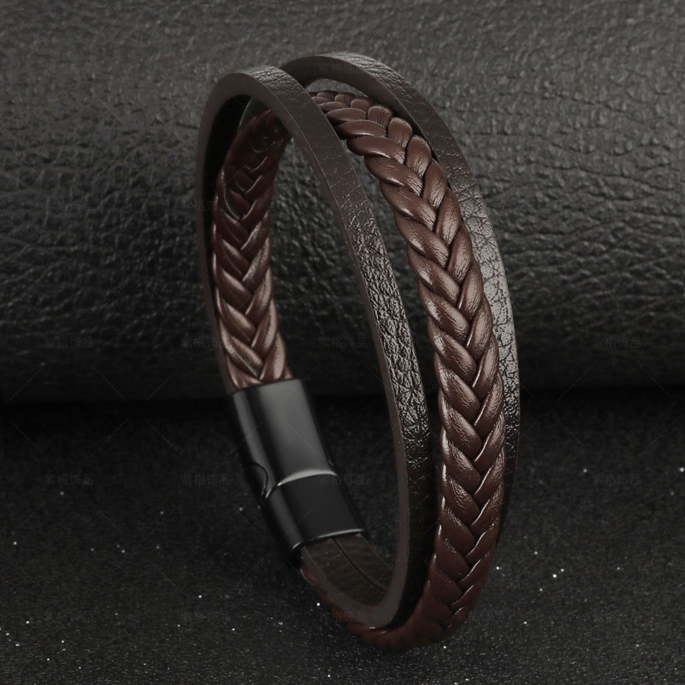 Vintage Leather Rope Braided Ethnic Wind Magnetic Buckle Bracelet