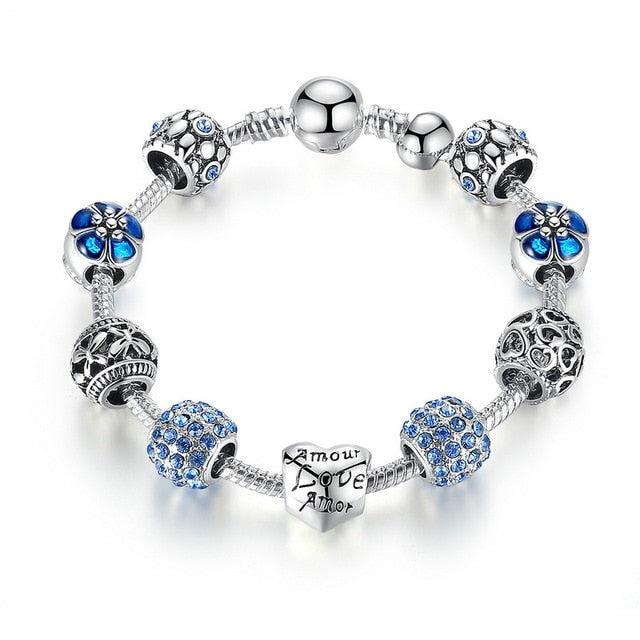 Silver Charm Bracelet with Love and Flower Beads