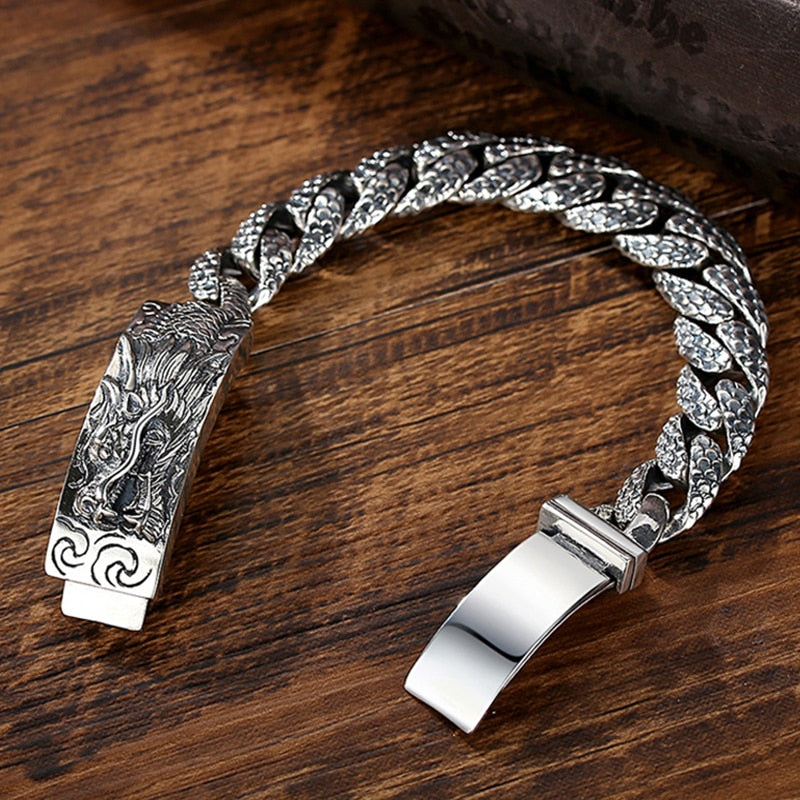Handmade Male Domineering Dragon Head Silver Plated Bracelet