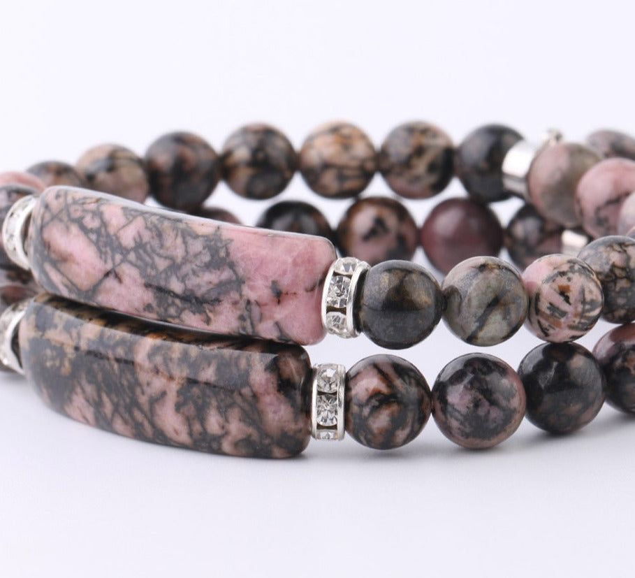 Natural Gem Stone Line Rhodonite Love Heart Bracelet - iRelax® Australia